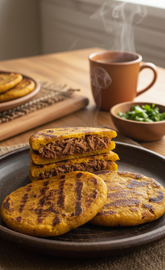 Arepas de Plátano Maduro rellenas de carne desmechada x 4 unidades
