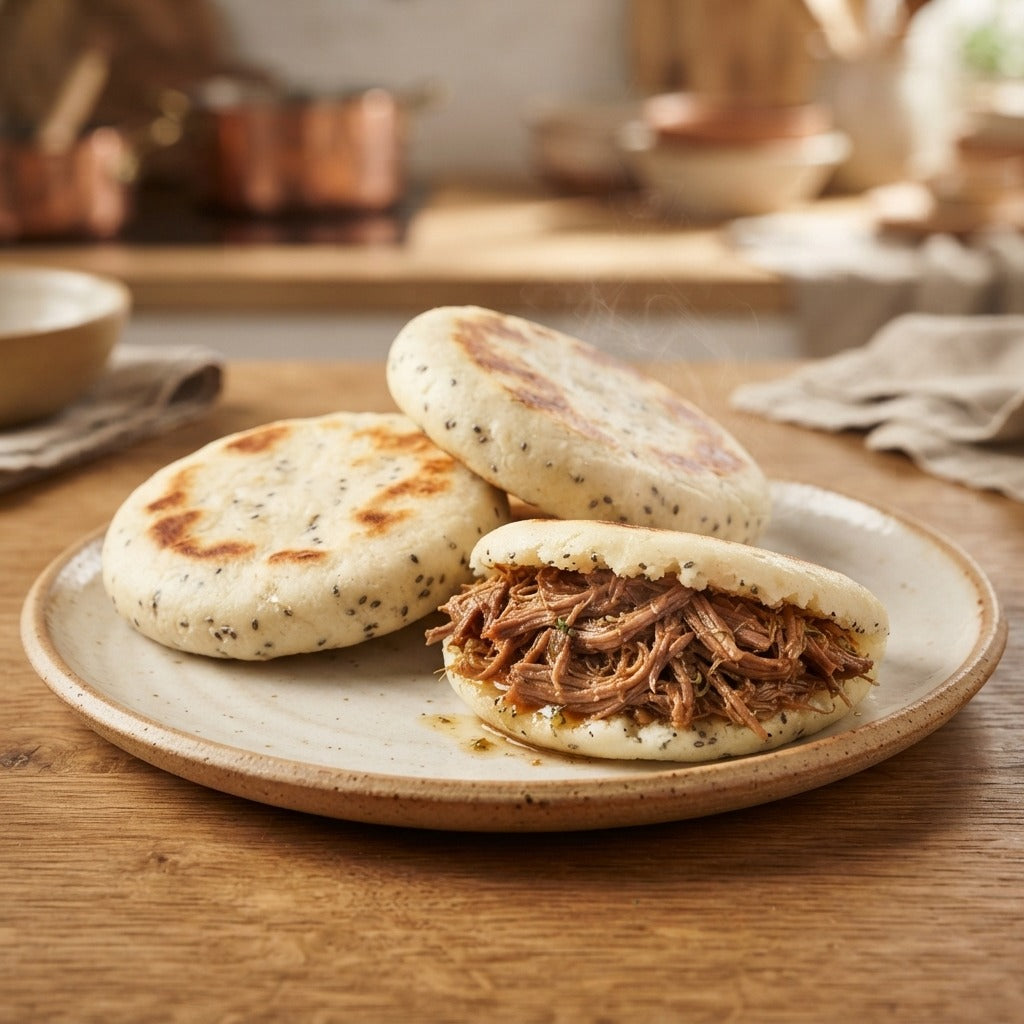 Arepas de Maíz con Semillas de Chía Rellenas de Carne Desmechada x 3 unidades