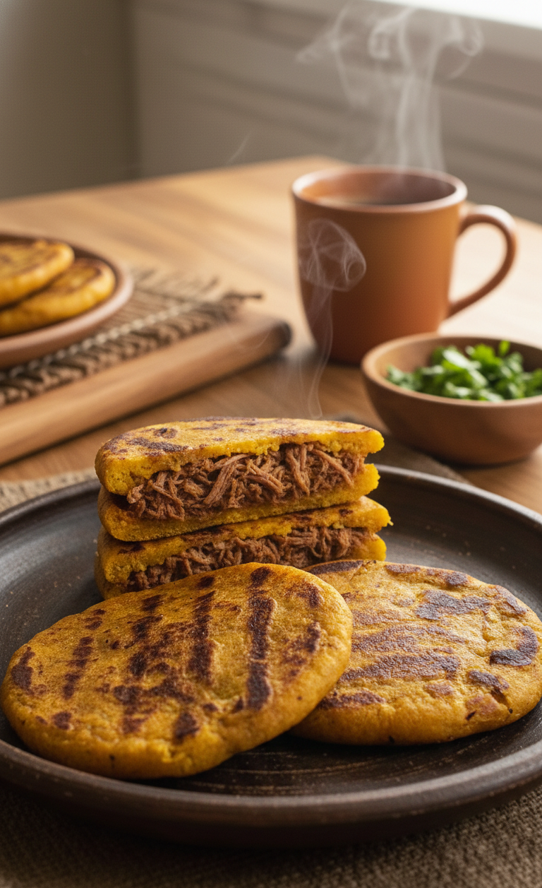 Arepas de Plátano Maduro rellenas de carne desmechada x 4 unidades